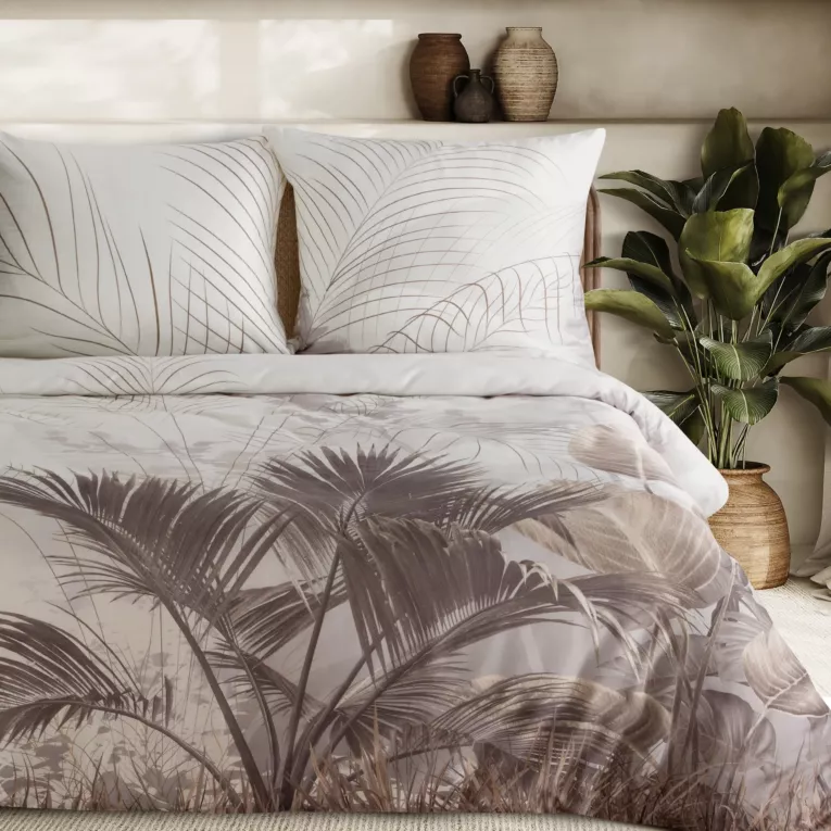 Pościel 160x200 cm satyna bawełniana kolor kremowy, ciemnobeżowy z motywem botanicznym Eurofirany Premium