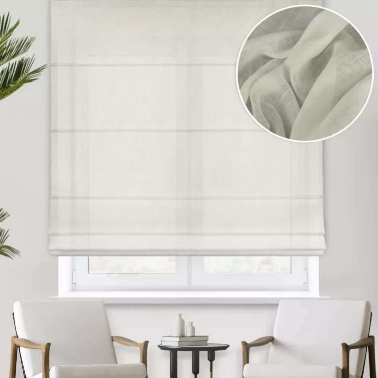 Roleta rzymska kremowa z delikatnej w dotyku etaminy w stylu eko z efektem kreszowania, wykończona obciążnikiem