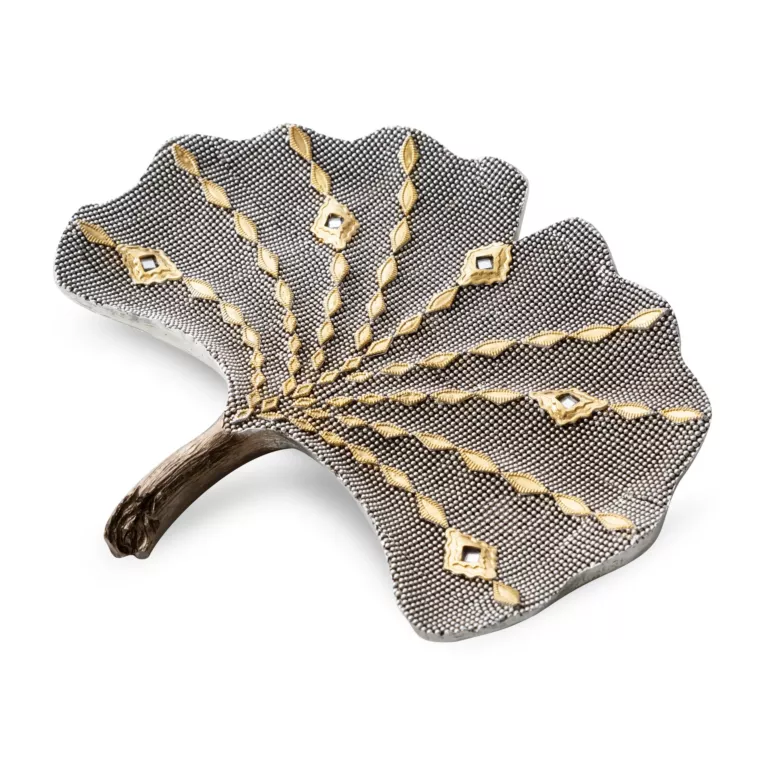 Figurka dekoracyjna KALI srebrna liść miłorzębu w nowoczesnym stylu Eurofirany