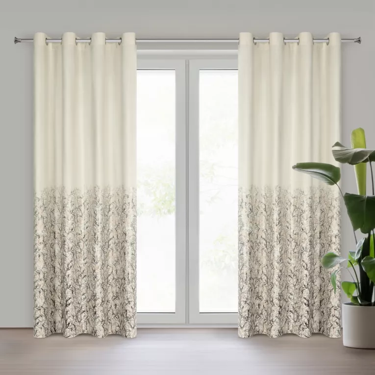 Zasłona kremowo, szampańska zdobiona błyszczącym nadrukiem z welwetu 140x250 cm przelotka TORI Eurofirany