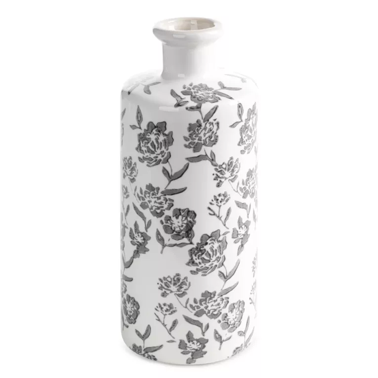Wazon dekoracyjny biało, granatowa zdobiony roślinnym motywem 12x30 cm VIVIAN Eurofirany