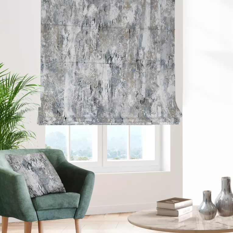 Roleta rzymska stalowo srebrna z welwetowej tkaniny z błyszczącym nadrukiem