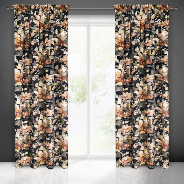Zasłona grafitowo, zielona w kwiaty z welwetu 140x300 cm taśma BETTY Eurofirany