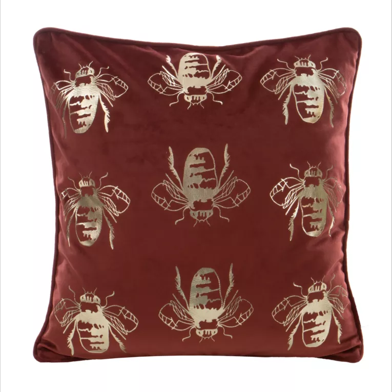 Poszewka na poduszkę 45x45 cm welwetowa z symetrycznym nadrukiem pszczół bordowo, złocista BILNK Eurofirany