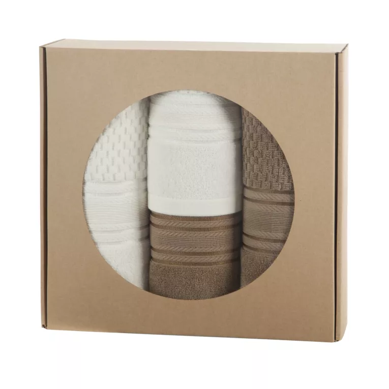 Zestaw ręczników bawełnianych na prezent 2 szt 50x90 cm, 2 szt 70x140 cm kolor kremowy, beżowy z bordiurą w pasy Eurofirany
