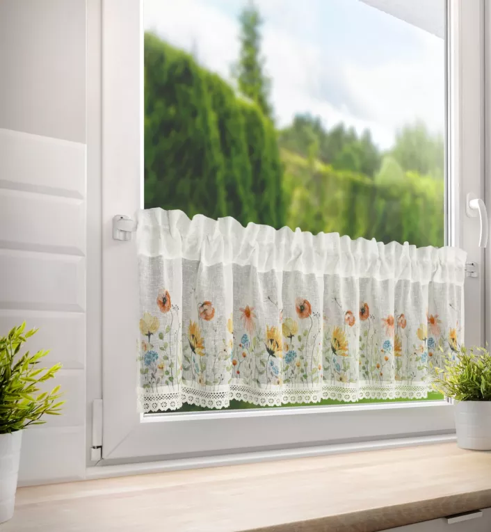 Zazdrostka biało, czerwona z etaminy zdobiona nadrukiem kwiatów i koronką 150x30 cm tunel NATI Eurofirany