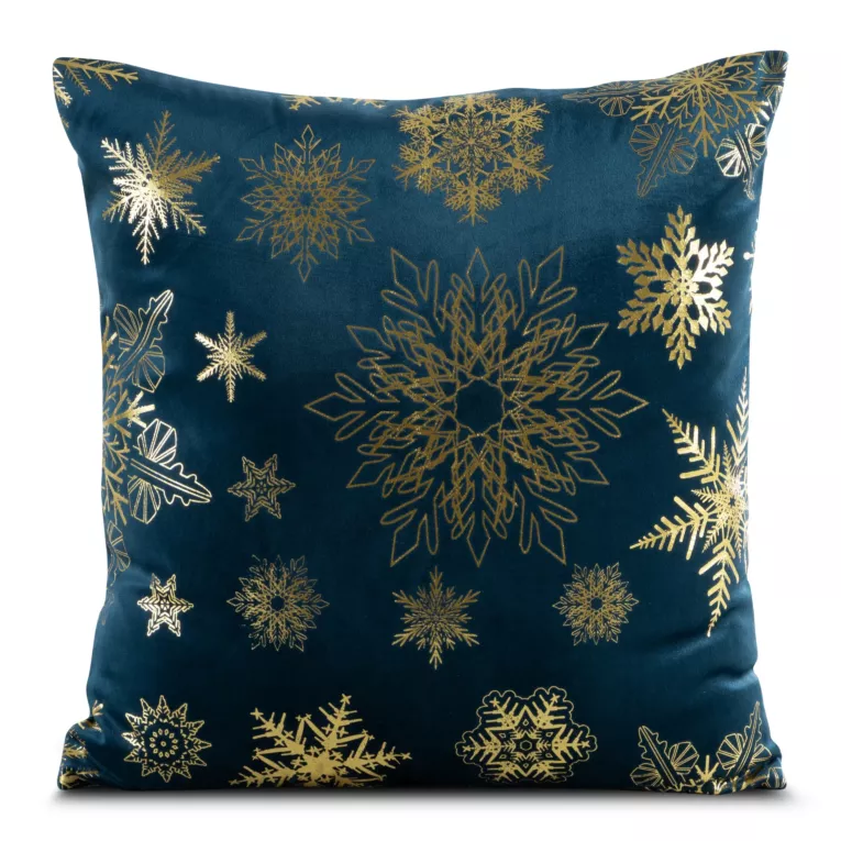 Poszewka na poduszkę 45x45 cm welwetowazdobiona śnieżynkami granatowo, złota JOY Eurofirany