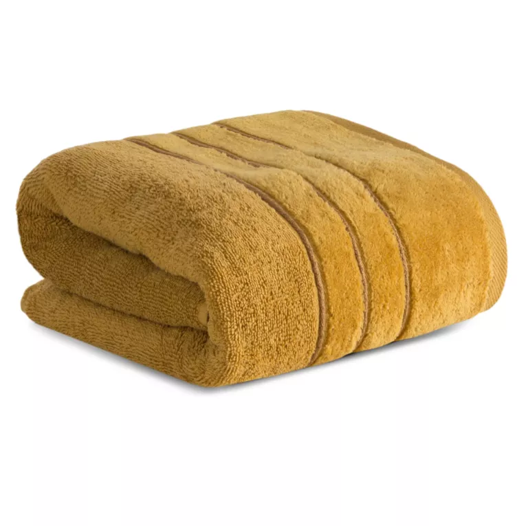 Ręcznik kąpielowy 70x140 cm bawełniany kolor musztardowy z welwetową bordiurą i kontrastującymi paseczkami 500 g/m2 SIBEL Eurofirany