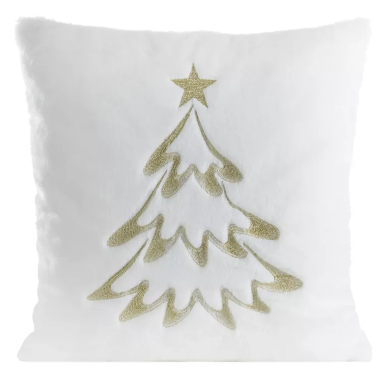 Poszewka na poduszkę świąteczna 45x45 cm biało, szampańska z przyjemnego futerka zdobiona haftem choinki Eurofirany