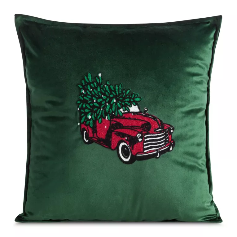 Poszewka na poduszkę 45x45 cm welwetowa z haftem z samochodem z choinką zielona Eurofirany