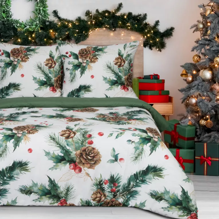 Pościel świąteczna 160x200 cm bawełniana kolor biały, zielony PINO Eurofirany