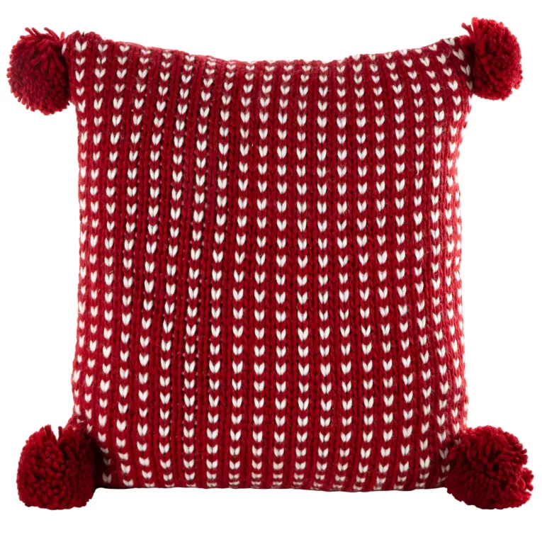 Poszewka na poduszkę 45x45 cm o plecionej strukturze z pomponami czerwono, biała Eurofirany