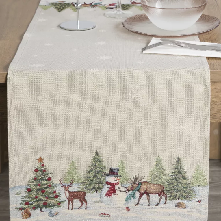 Bieżnik na stół naturalno, srebrny 45x140 cm gobelinowy z motywem zimowej wioski
