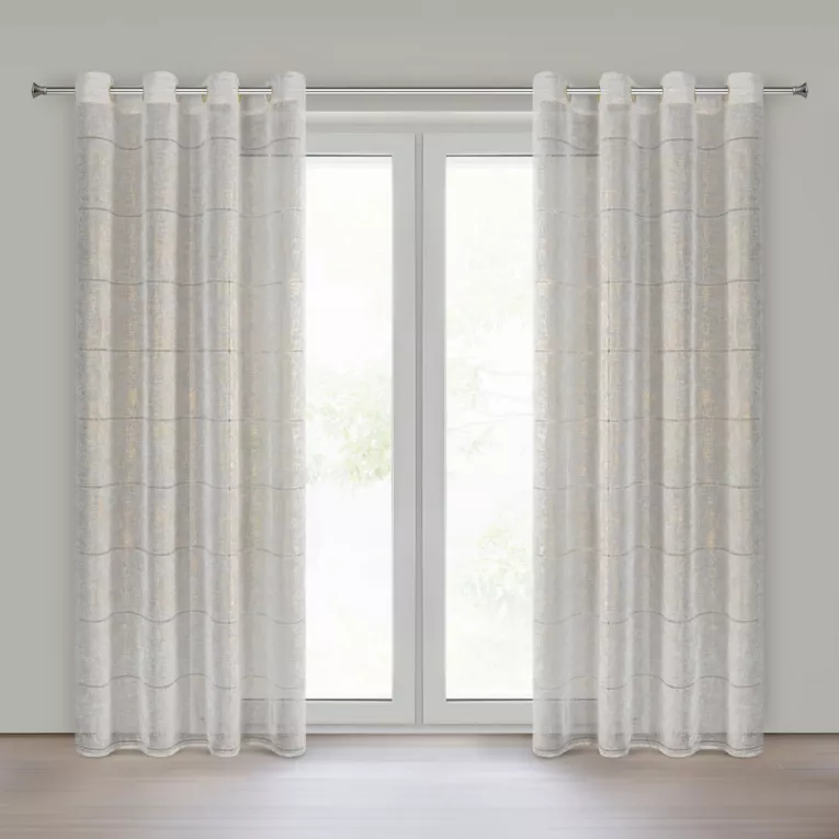 Firana biało, złota zdobiona ażurowymi paskami i roślinnym nadrukiem 140x250 cm przelotka - KATY - Eurofirany