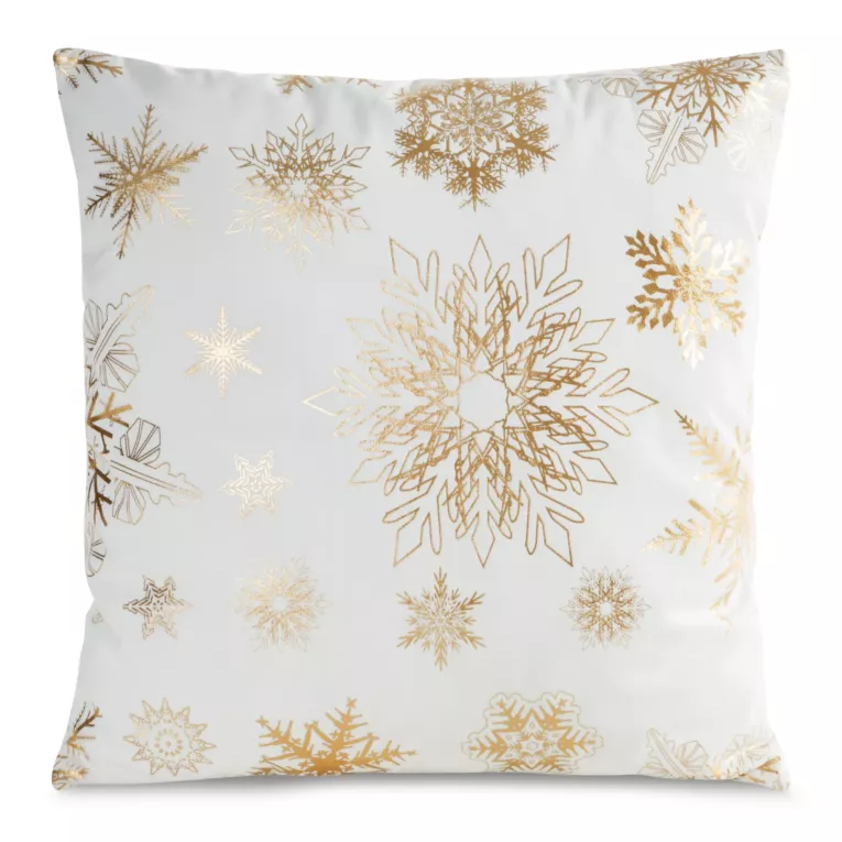Poszewka na poduszkę 45x45 cm welwetowa zdobiona śnieżynkami biało, szampańska JOY Eurofirany