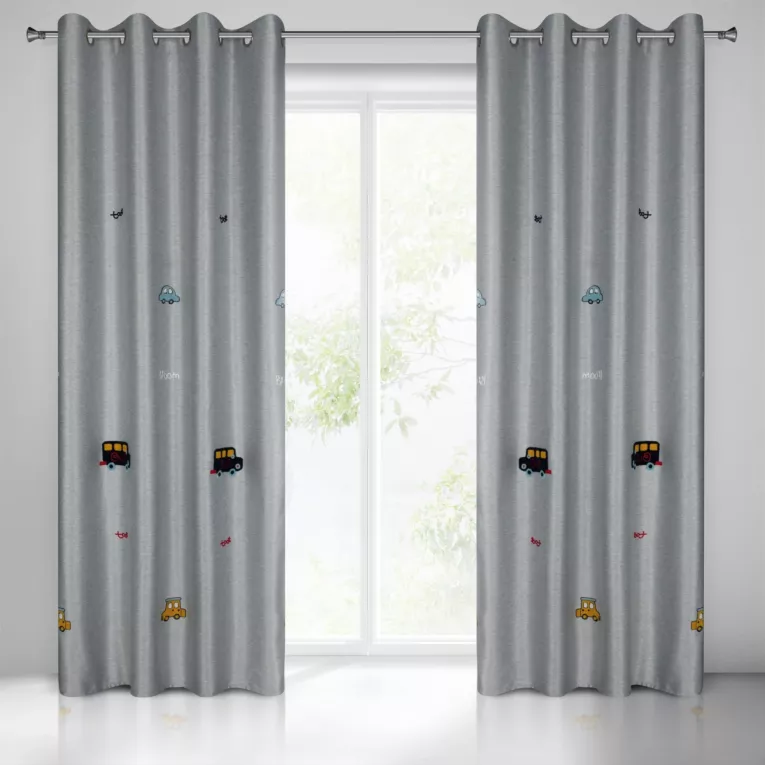 Zasłona srebrno, niebieska w samochody do pokoju dziecięcego 140x250 cm przelotka ALVIN Eurofirany