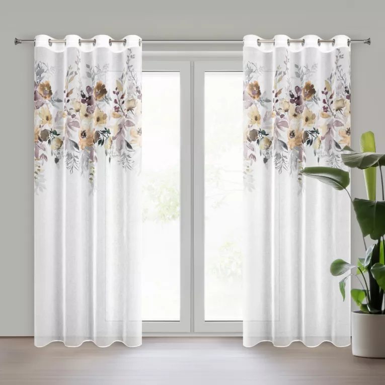 Zasłona biało, żółta zdobiona nadrukiem kwiatów z etaminy 140x250 przelotka GRETA Design 91