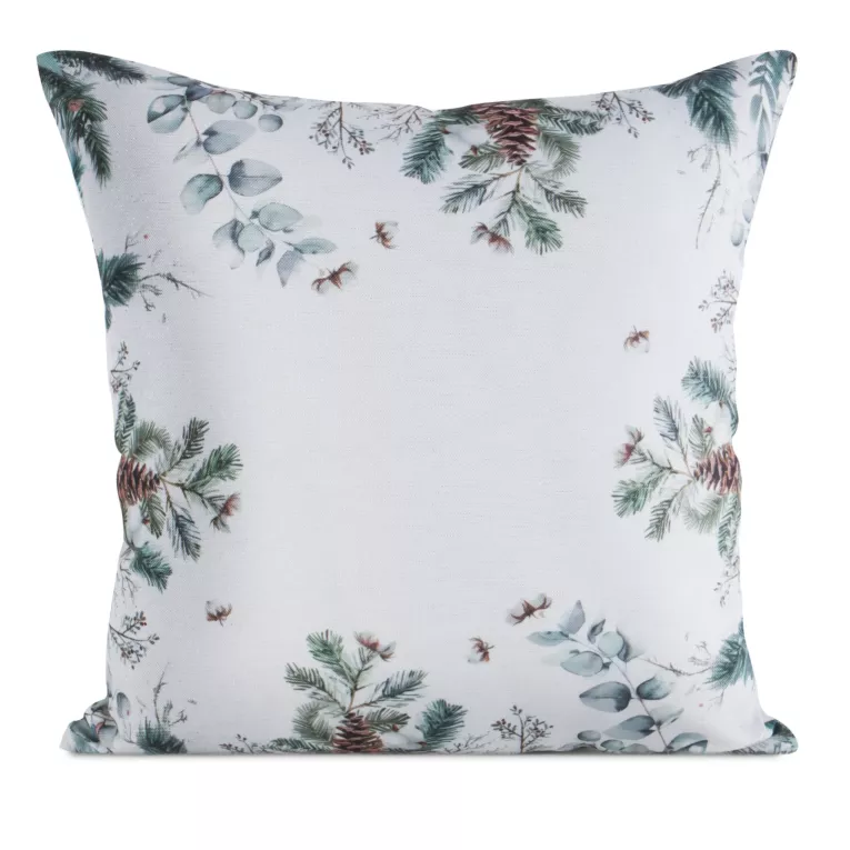 Poszewka na poduszkę świąteczna 45x45 cm biało, zielona zdobiona nadrukiem zimowym Eurofirany