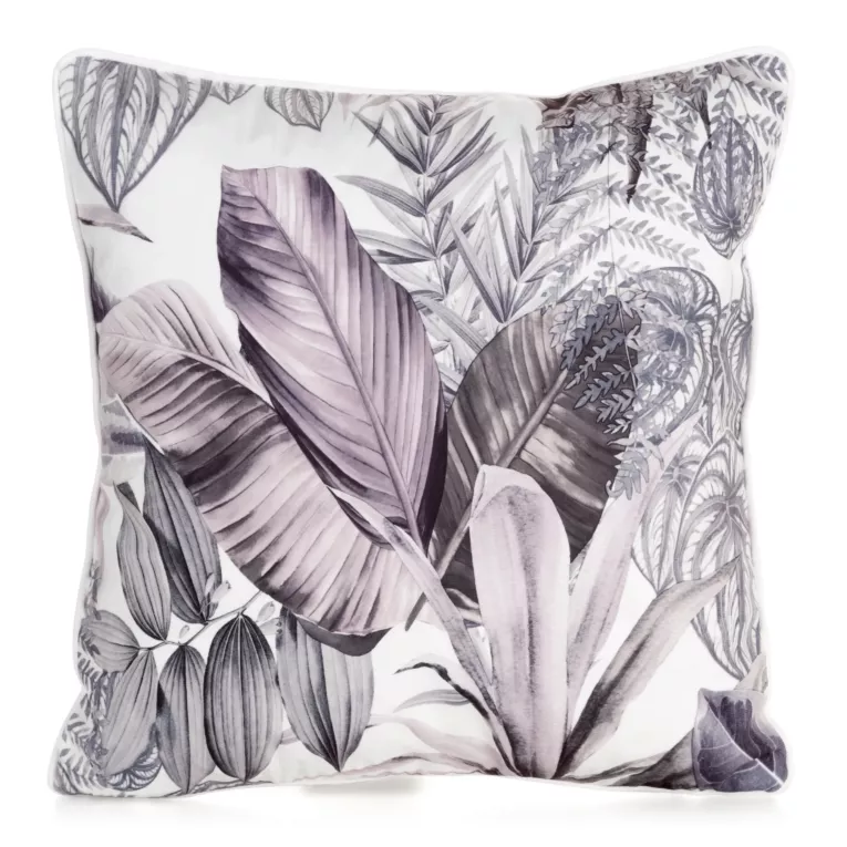 Poszewka na poduszkę 45x45 cm welwetowa poszewka zdobiona nadrukiem egzotycznych liści biało, fioletowa DAVOS DESIGN 91 Eurofirany