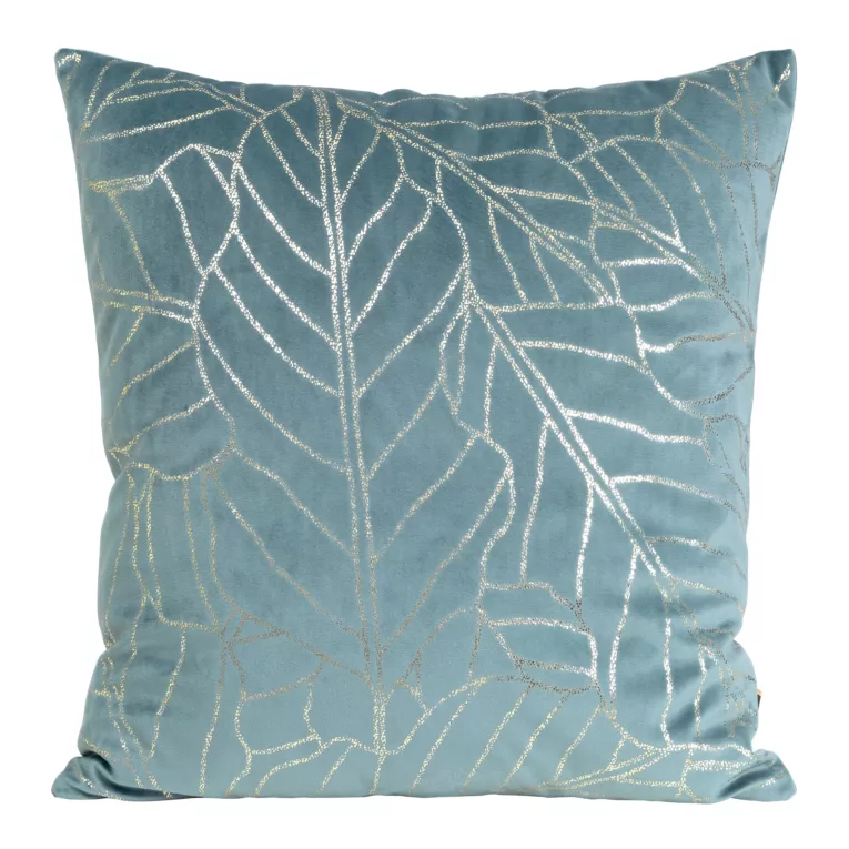 Poszewka na poduszkę 45x45 cm welwetowa z nadrukiem złocistych liści niebieska BLINK 32 Eurofirany
