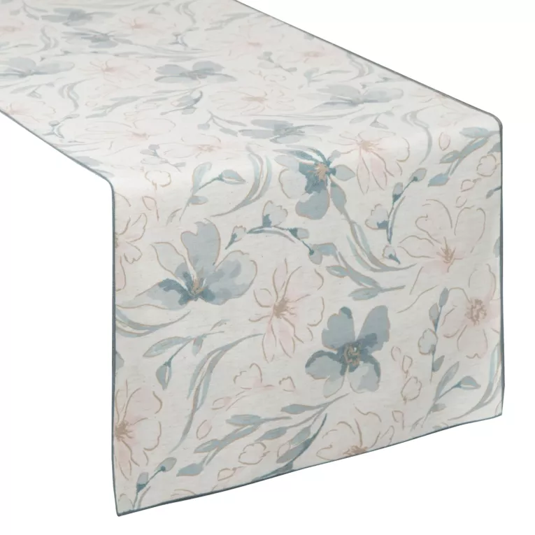 Bieżnik na stół naturalno, jasnoniebieski 40x180 cm INES 10 z nadrukowanym motywem pastelowych kwiatów