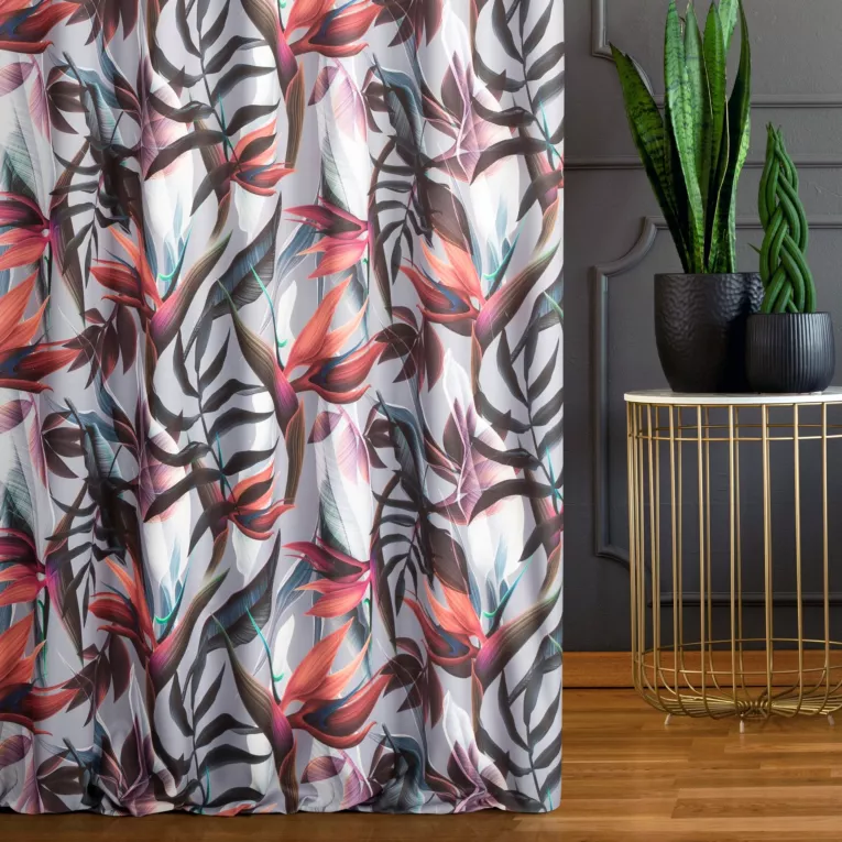 Zasłona szyta na taśmie 5 cm srebrno pomarańczowa z miękkiej tkaniny drukowanej w kolorowy botaniczny wzór