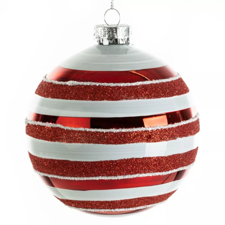 Biała szklana bombka choinkowa zdobiona czerwonymi paskami 10 cm Eurofirany