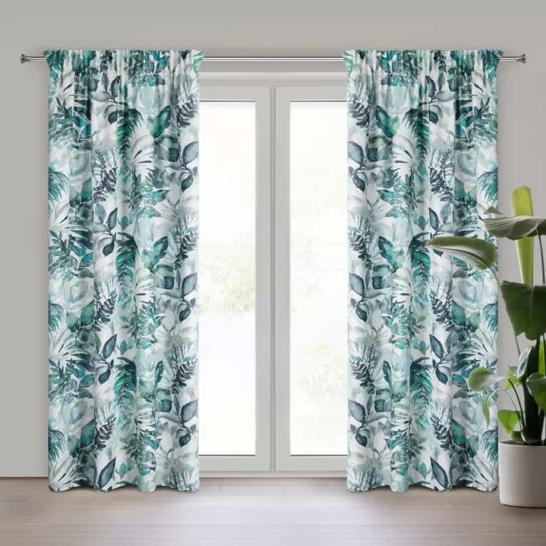 Zasłona biało, stalowa w liście z tkaniny 140x270 cm taśma ADELINE Eurofirany