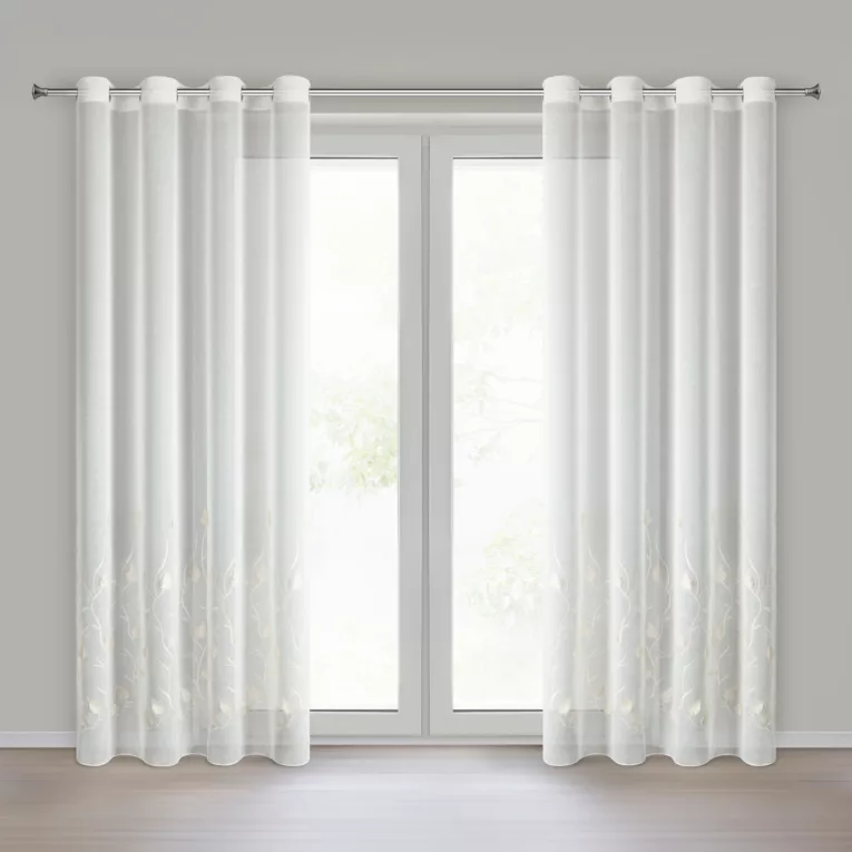 Firana biała z etaminy zdobiona haftem roślinnym 140x250 cm przelotka - BROKLYN Eurofirany