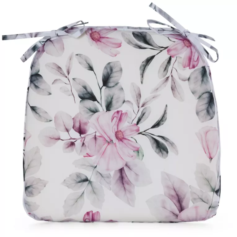 Poduszka na krzesło 38 x 40 x 4 cm wodoodporna kremowo, różowa zdobione roślinnym wzorem GARDEN Eurofirany