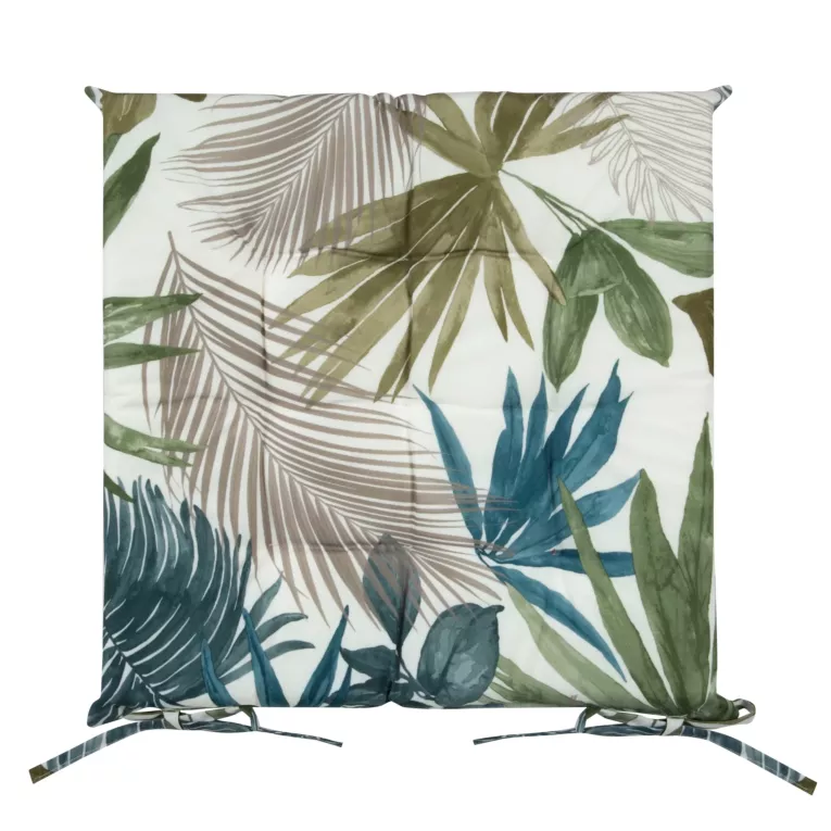 Poduszka na krzesło 40 x 40 x 5 cm wodoodporna beżowo, turkusowa zdobiona botanicznym wzorem GARDEN Eurofirany