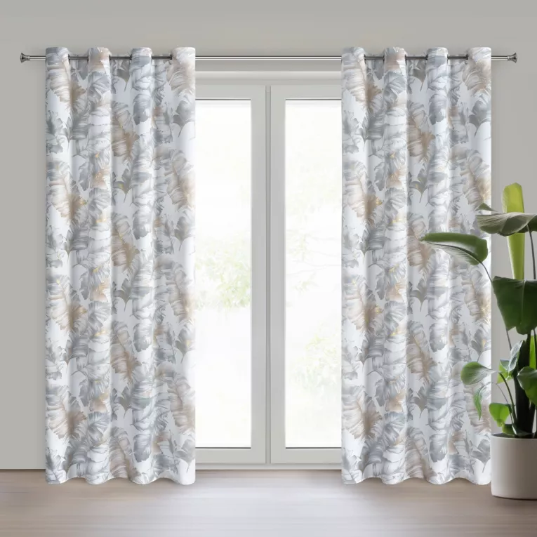 Zasłona srebrno szampańska zdobiona nadrukiem liści 140x250 cm przelotki - LAYLA3 Eurofirany