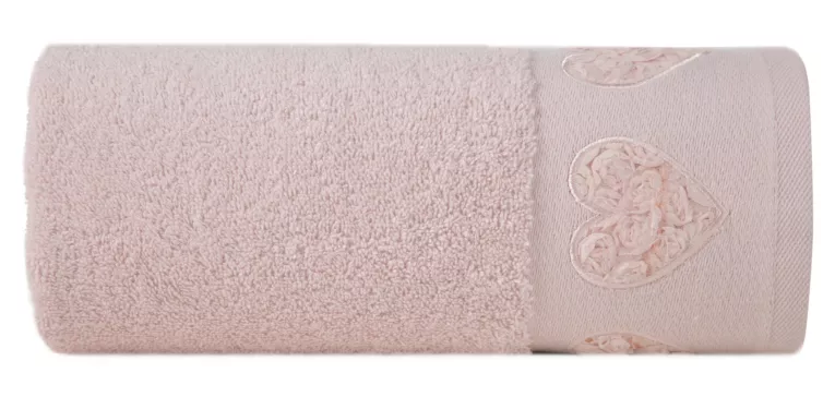 Ręcznik kąpielowy 70x140 cm bawełniany kolor pudrowy róż z aplikacją serca na bordiurze 500 g/m2 KAMILA Eurofirany