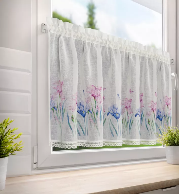 Zazdrostka biało, różowa z etaminy zdobiona nadrukiem kwiatów i koronką 150x60 cm tunel DOLOREZ Eurofirany