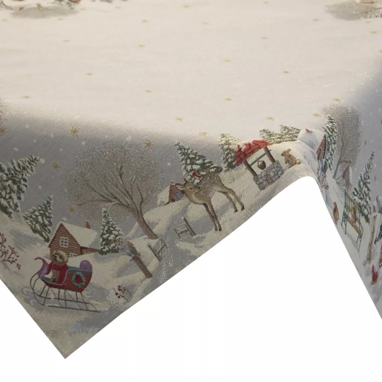Obrus popielato, złoty 140x180 cm gobelinowy z motywem zimowej wioski