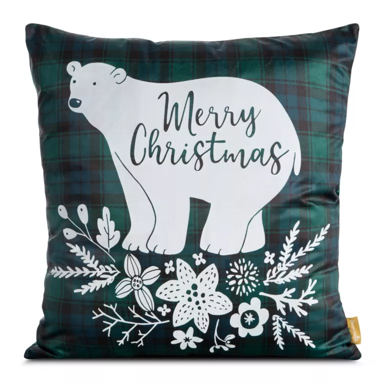 Poszewka na poduszkę 60x60 cm welwetowa z nadrukiem z misiem zielono, biała CHERRY Eurofirany