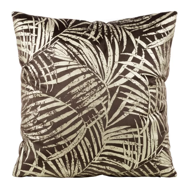 Poszewka na poduszkę 45x45 cm welwetowa ze złocistym nadrukiem botanicznych liści brązowa BLINK 26 Eurofirany