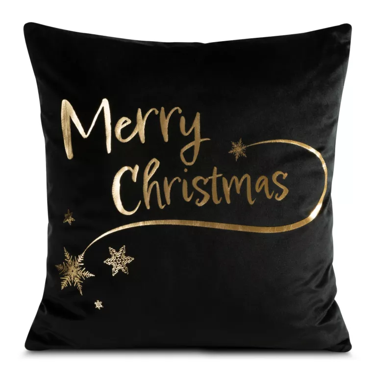 Poszewka na poduszkę 45x45 cm welwetowa świąteczna zdobiona złotym nadrukiem czarno, złota ASTRA Eurofirany