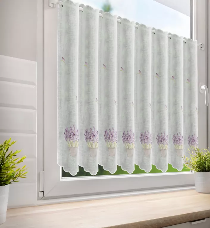 Tkanina firanowa zazdrostka z etaminy zdobiona haftem lawendy Eurofirany