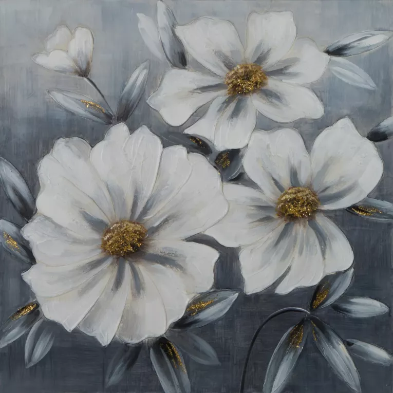 Obraz ręcznie malowany na płótnie ze srebrnymi drobinkami i kwiatowym motywem Eurofirany