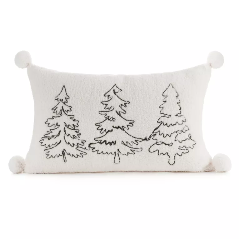 Poszewka na poduszkę świąteczna 30x50 cm biało, zielona z tkaniny typu bukla zdobiona haftem i pomponami Eurofirany