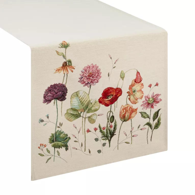 Bieżnik na stół naturalno, czerwony 45x140 cm gobelinowy z motywem letnich kwiatów