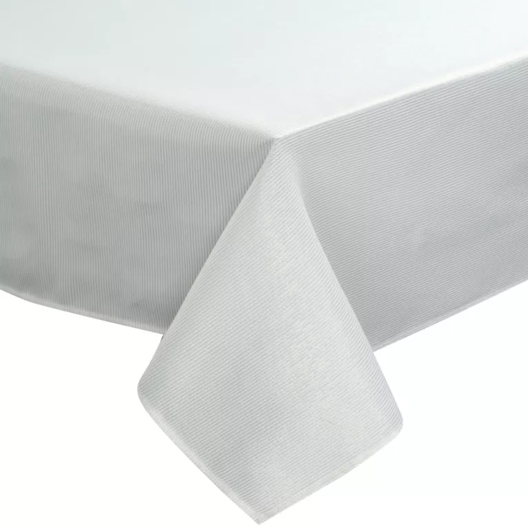 Obrus biały 140x220 cm ALISA zdobiony złotą nicią tworzącą wzór poziomych pasków