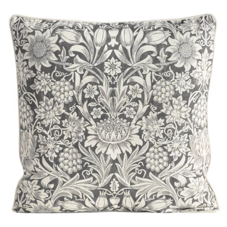Poszewka na poduszkę 50x50 cm bawełniana z dodatkiem lnu zdobiona nadrukiem roślinnym stalowo, kremowa LEN Eurofirany