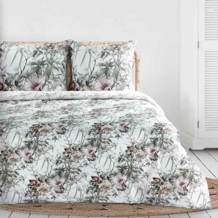 Pościel 220x200 cm bawełniana kolor biały, stalowy dwustronna z wzorem botanicznym NIKA 53 Eurofirany