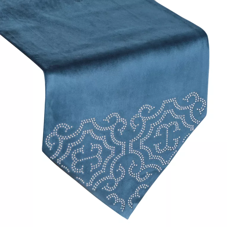 Bieżnik granatowy ODEL z welwetu zdobiony srebrnym wzorem Eurofirany