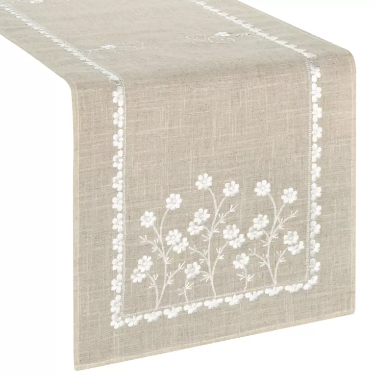 Bieżnik na stół beżowy 40x140 cm ADELINE z dodatkiem lnu zdobiony haftem Eurofirany