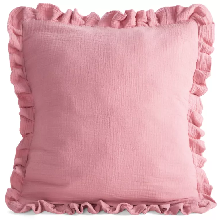 Poszewka na poduszkę 45x45 cm muślinowa z ozdobną falbanką na brzegach różowa MUŚLIN 1 Eurofirany