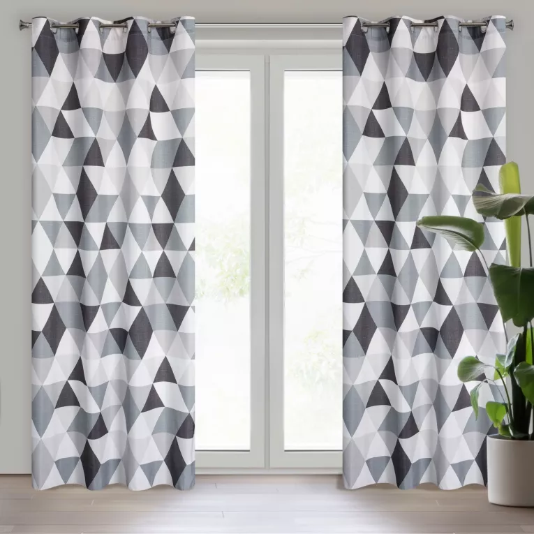 Zasłona białao, stalowa z geometrycznym wzorem 140x250 cm przelotka ADINA Eurofirany