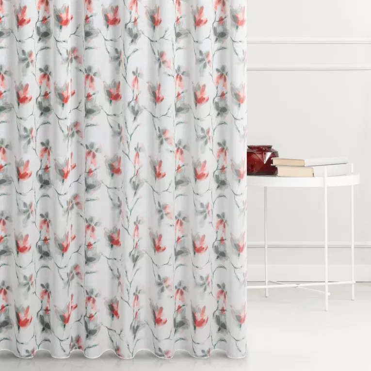 Firana szyta na taśmie fala kremowo pomarańczowa z miękkiej tkaniny o lekkim splocie, pokryta modnym, botanicznym nadrukiem, wykończona obciążnikiem